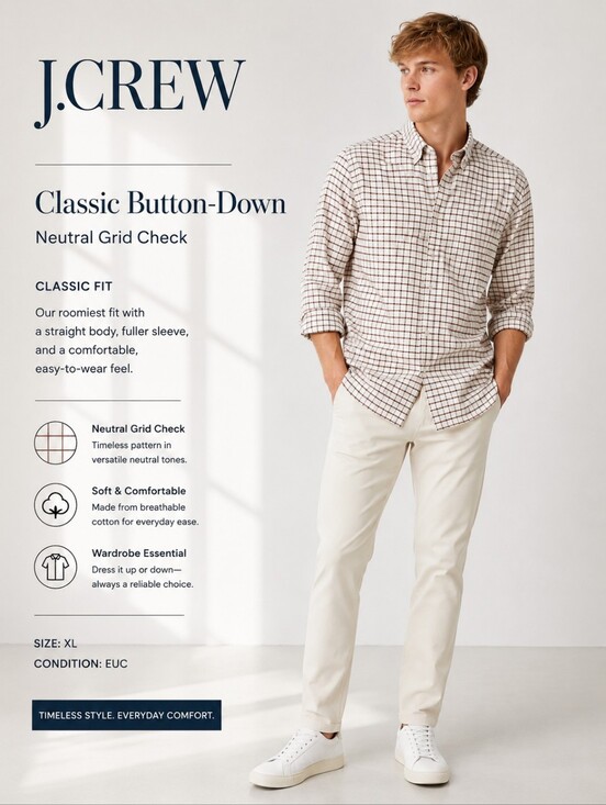 J. Crew Other - J.Crew Men’s Classic Button-Down – Neutral Grid Check-Classic Cut- XL EUC